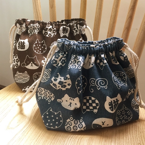 Japanese Style Cotton Linen Drawstring Bento Bag Portable Large Capacity Lunch Box Storage Pouch Patterned Travel Handbag