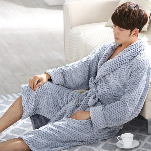 Men Thick Flannel Bathrobe Wave Texture Lapel Collar Long Sleeve Robe With Waist Belt Plus Size Loungewear
