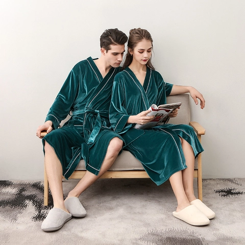 Velvet Bathrobe Sleepwear V-Neck Long Sleeve Contrast Piping Tie Waist Robe For Couples Men Women Luxurious Loungewear