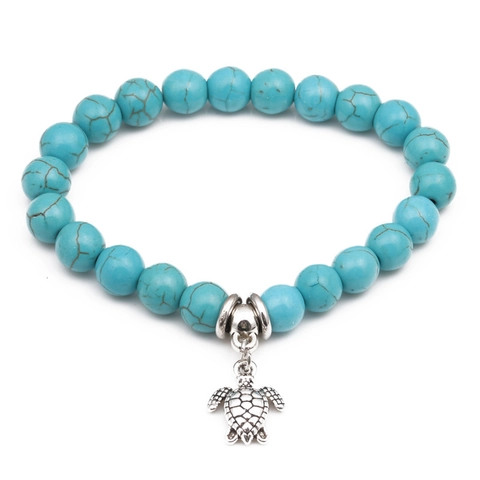 Turquoise Beaded Bracelet With Silver Turtle Pendant Elastic Natural Stone Sea Style Jewelry For Men Women
