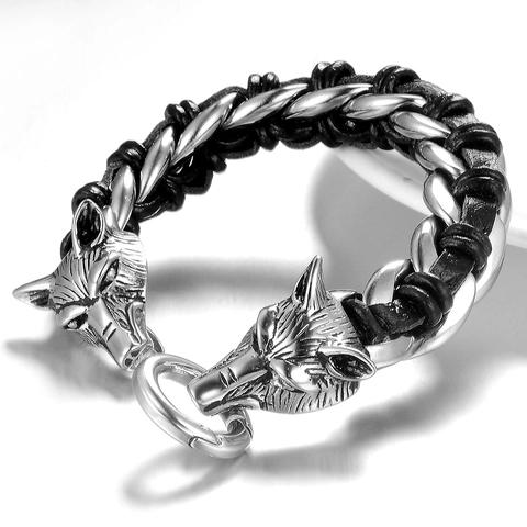 Pulsera De Doble Cabeza De Lobo Hombre Acero De Titanio 316L Cuero Trenzado Genuino Vikingo Punk