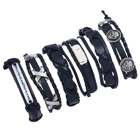 Bracciale Multistrato Pelle Vacchetta Vintage Teschio Lega E Piastra Citazione Gioielli Stile Punk Retrò Da Uomo