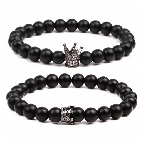 Bracciale Di Perline In Pietra Naturale Opaca Con Charm Corona In Rame E Zirconi Gioielli Minimalisti Gotici