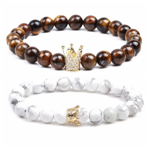 Natural Tiger Eye And White Howlite Beaded Bracelet With Crown Charm Zircon Inlaid Copper Accessories Men Jewelry