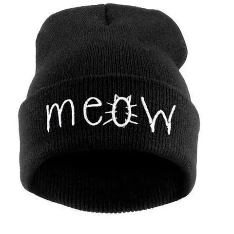 Gorro De Punto Bordado Letras Meow Cara Gato Acrílico Cálido Invierno Dobladillo Skull Cap Mujeres Hombres Hip Hop Streetwear