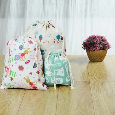 Drawstring Storage Bags Cotton Linen Printed Cartoon Travel Packing Pouches Dustproof Organizers Multipurpose Home Gift