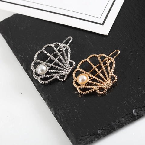 Pinza Para El Pelo Concha Aleación Hueca Geométrica Concha Perla Artificial Decorativa Barrette Accesorio Para Mujeres Niñas