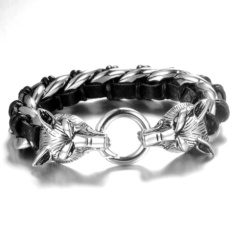Pulsera De Doble Cabeza De Lobo Hombre Acero De Titanio 316L Cuero Trenzado Genuino Vikingo Punk