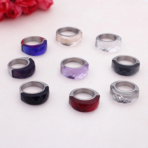Geometric Wide Band Ring Stainless Steel Faceted Colorful Glass Inlay Minimalist Modern Industrial Style Jewelry For Women