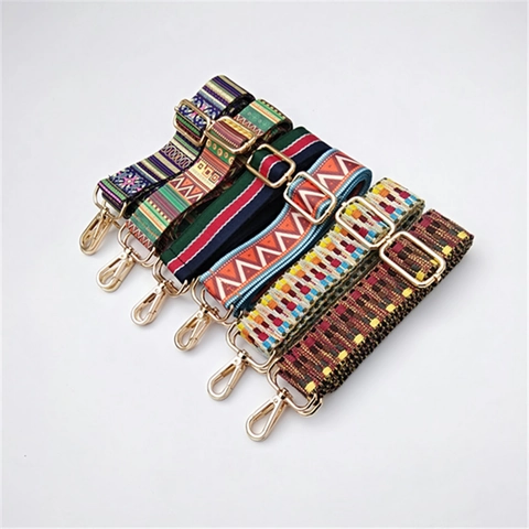 Wide Woven Bag Strap Replacement Adjustable Polyester Shoulder Crossbody Strap Ethnic Bohemian Style Geometric Pattern Metal Buckles