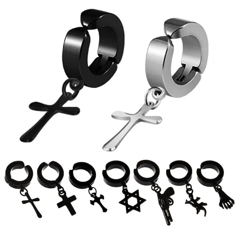 Non Pierced Ear Clips Stainless Steel Dangle Cross Star Gun Skull Hand Gecko Fishbone Punk Gothic Streetwear Jewelry