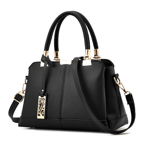 Women Elegant Litchi Texture PU Leather Handbag With Golden Hardware Hollow Tree Pendant And Adjustable Shoulder Bag