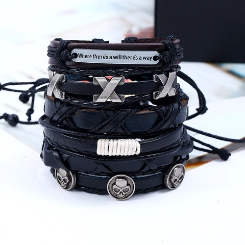 Bracciale Multistrato Pelle Vacchetta Vintage Teschio Lega E Piastra Citazione Gioielli Stile Punk Retrò Da Uomo