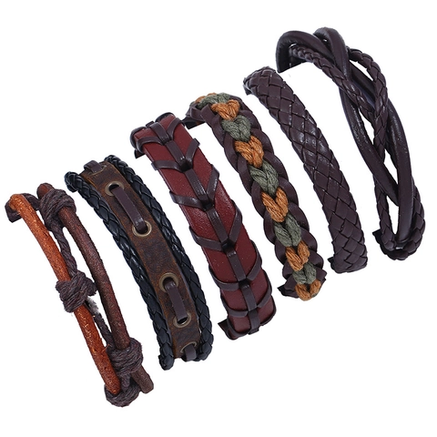 Retro Geflochtene Rindsleder Mehrlagige Armbänder Für Herren Punk Stil Gewebte Hanfseile Und Holzperlen Schmuck