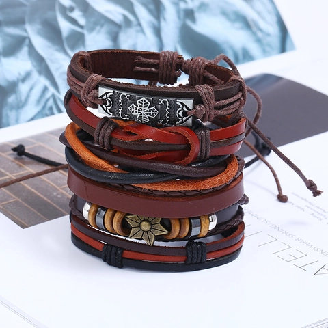 Vintage Punk Armband Geflochtenes Rindsleder Legierung Stern Kleeblatt Holzperlen Boho Schmuck Unisex