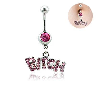Belly Navel Ring Stainless Steel Curved Bar Sparkly Rhinestone Letter Pendant Body Piercing Jewelry For Women Fashion