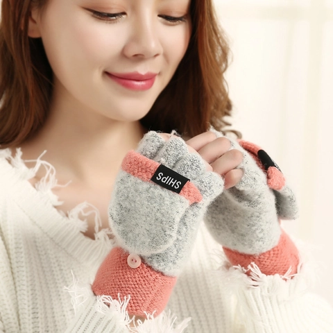 Women Knitted Flip Top Gloves Convertible Half Finger Mittens Warm Winter Color Block Soft Knit With Button For Outdoor