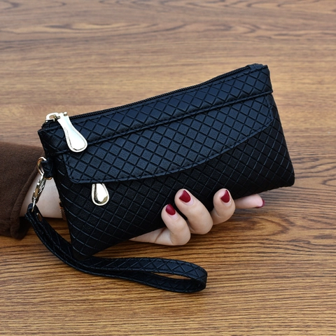 Woven Embossed PU Leather Clutch Bag Women Wristlet Wallet Multi Layer Zipper Large Capacity Urban Simple Style