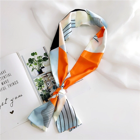 Foulard en Soie Longue en Satin Élégant pour Femmes Vintage Géométrique Chaîne Imprimée Foulard Bureau Dame Cheveux Sac Ruban Cravate Accessoire