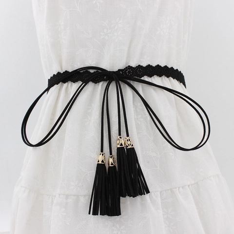 Women Decorative Waist Belt Thin Microfiber Laser Cut Hollow Flower Tassel Tie Up Ethnic Bohemian Dress Accessory