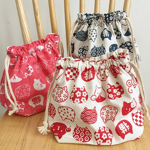 Japanese Style Cotton Linen Drawstring Bento Bag Portable Large Capacity Lunch Box Storage Pouch Patterned Travel Handbag