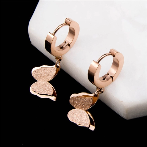 Schmetterling Ohrhänger Titanstahl Mattierte Flügel Roségold Vergoldet Elegantes Schmuckgeschenk Für Damen
