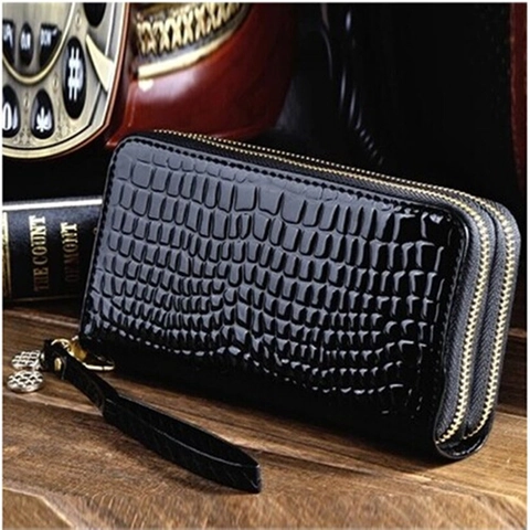 Women Long Wallet Glossy PU Leather Crocodile Pattern Dual Zipper Large Capacity Mobile Phone Clutch Purse Elegant