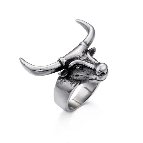 Vintage Bull Head Ring Stainless Steel 3D Carved Embossed Animal Punk Rock Gothic Jewelry For Men