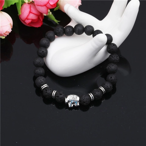 Bracciale Perline Guarigione Chakra Occhio Di Tigre Pietra Lavica Ciondolo Elefante Uomo Gioielli Etnici Elastici