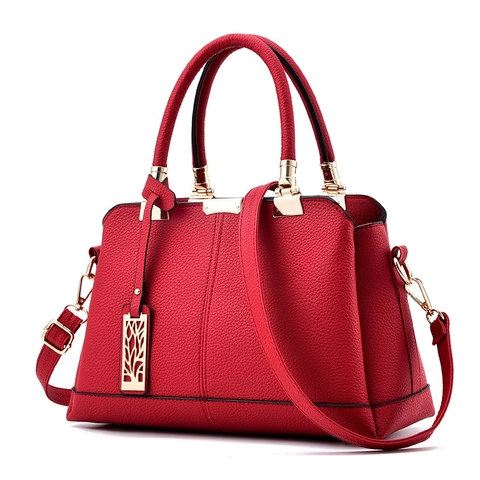 Women Elegant Litchi Texture PU Leather Handbag With Golden Hardware Hollow Tree Pendant And Adjustable Shoulder Bag