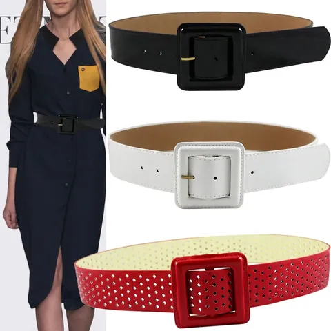 Dames Mode Brede Corsetriem Grote Vierkante Gesp Imitatieleer Tailleriem Voor Jurken Jassen Rood Zwart Wit Opengewerkte Stijl