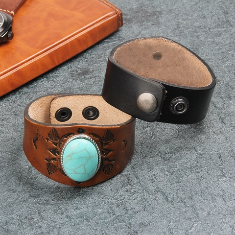 Retro Wide Leather Bracelet With Large Turquoise Ethnic Totem Embossed Bohemian Style Adjustable Buckle Cuff