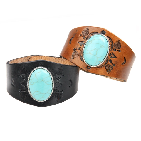 Retro Wide Leather Bracelet With Large Turquoise Ethnic Totem Embossed Bohemian Style Adjustable Buckle Cuff