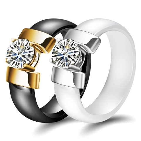 Ceramic Ring Alloy Prong Setting Round Cubic Zirconia Modern Fashion Minimalist Band Jewelry For Women Couple