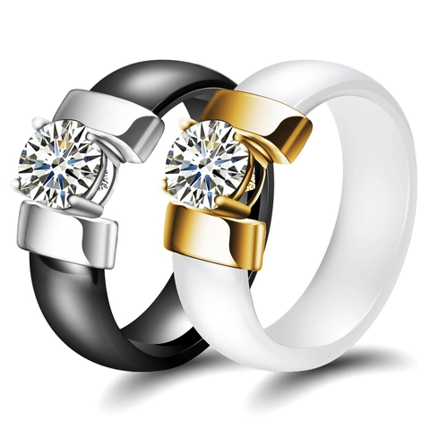 Ceramic Ring Alloy Prong Setting Round Cubic Zirconia Modern Fashion Minimalist Band Jewelry For Women Couple