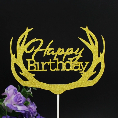Happy Birthday Cake Toppers DIY Glitter Paper Deer Antler Heart Star Shape Party Decoration For Kids Adults