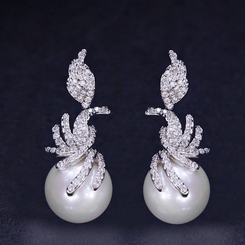 Koperen AAA Zirconia Witte Kunstparel Oorbellen Voor Vrouwen Westerse Luxe Bruiloft Feest Sieraden Accessoires