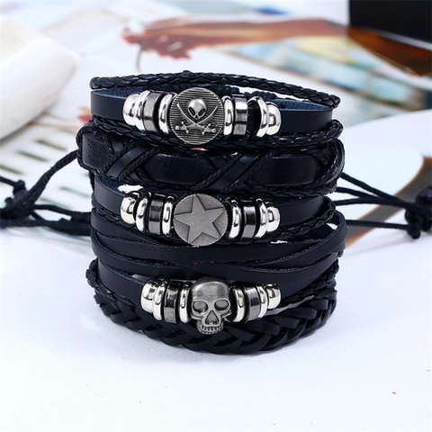 Bracciale In Vera Pelle Di Vacchetta Intrecciata Multistrato Coulisse Regolabile Lega Teschio Ancora Ciondoli Punk Retro Boemo Unisex