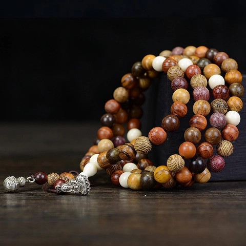 Mixed Natural Wood Buddhist Prayer Beads Wrap Bracelet Zen Ethnic Multi Layer Hand Polished Alloy Charm Unisex
