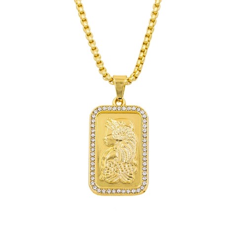 Collana Hip Hop in Lega d'Oro con Ciondolo Rettangolare con Ritratto di Dea con Catena Veneziana in Strass Gioielli Streetwear per Uomo Donna