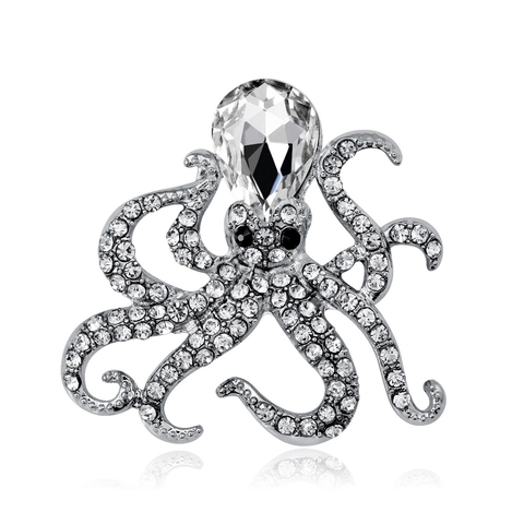 Octopus Animal Brooch Pin Alloy Rhinestone Crystal Glass Ocean Sea Life Vintage Fashion Jewelry Women Lapel Accessories