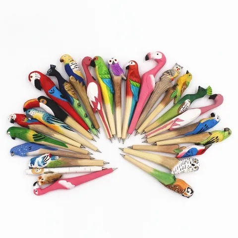 Creative Hand Carved Wooden Animal Ballpoint Pen Bird Parrot Flamingo Toucan Novelty Wood Stationery Student Gift