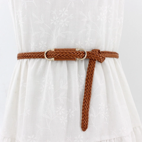 Cinturón Fino Trenzado De Cuero PU Para Mujer Con Hebilla De Doble Anillo Dorado Cintura Decorativa Vintage Para Vestidos