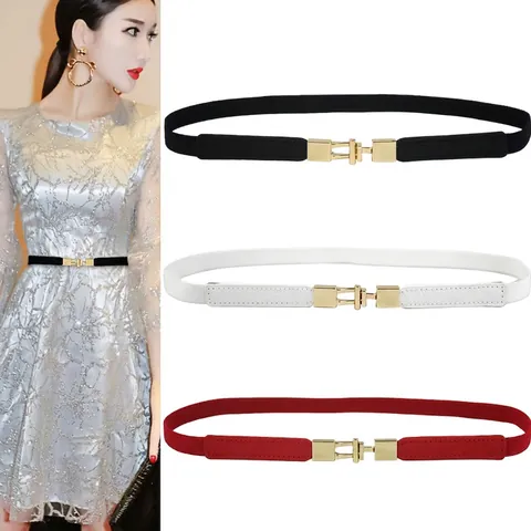 Cinturón Elástico Fino Para Mujer Cuero Sintético Hebilla De Aleación Accesorio Decorativo De Moda Para Vestido