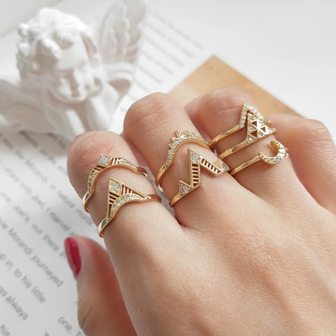 Anillos Ajustables Plata De Ley 925 Baño Oro 18K Circón Geométrico Luna Corona Forma En V Joyería Apilable Para Mujer