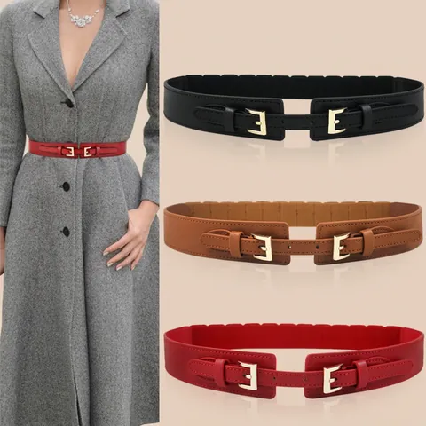 Damen Elastischer Gürtel Kunstleder Korsettgürtel Mit Doppelten Metallschnallen Modisch Eleganter Dekorgürtel Für Kleid Mantel