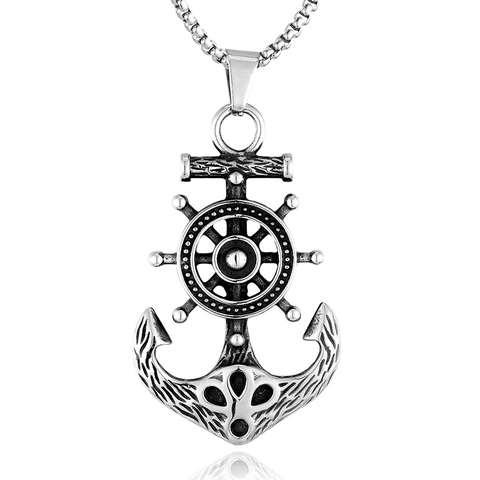 Vintage Titanium Steel Anchor Pendant Necklace Retro Nautical Helm Medallion Jewelry For Men Cool Punk Pirate Style Neckpiece