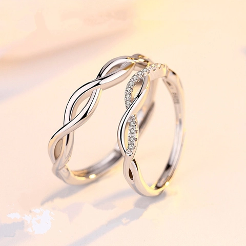 Minimalist Cupronickel Adjustable Open Ring For Couples Wave Design Rhinestone Inlaid Fashion Jewelry Valentine Gift