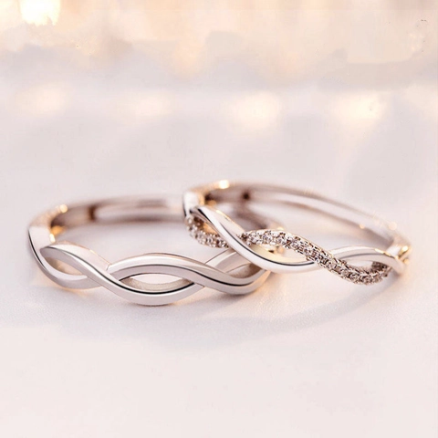 Minimalist Cupronickel Adjustable Open Ring For Couples Wave Design Rhinestone Inlaid Fashion Jewelry Valentine Gift