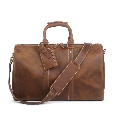 Vintage Echtleder Reisetasche Große Kapazität Rindsleder Travel Luggage Tote Mit Schultergurt Und Gepäckanhänger